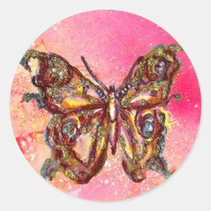 BUTTERFLY IN GOLD SPARKLES CLASSIC ROUND STICKER