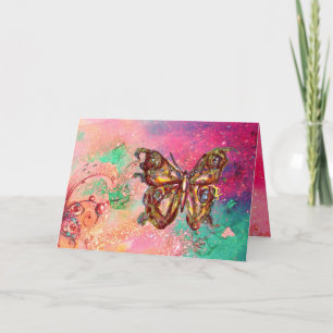 BUTTERFLY IN GOLD SPARKLES ,Pink Green Teal Card