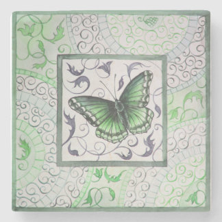 Butterfly in green colors stone coaster