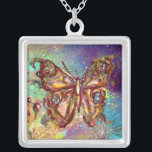 BUTTERFLY IN SPARKLES , blue green Silver Plated Necklace<br><div class="desc">Elegant and colourful butterfly. Painting with golden and silver foil.</div>