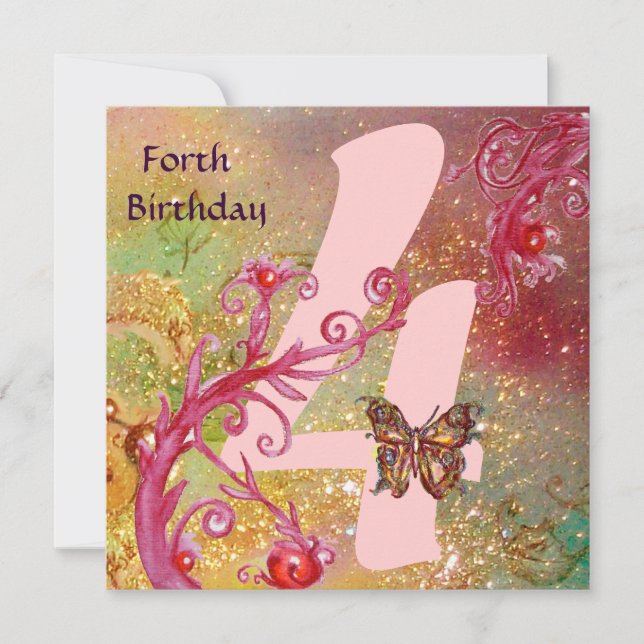 BUTTERFLY IN SPARKLES Forth Birthday Party, pink Invitation (Front)