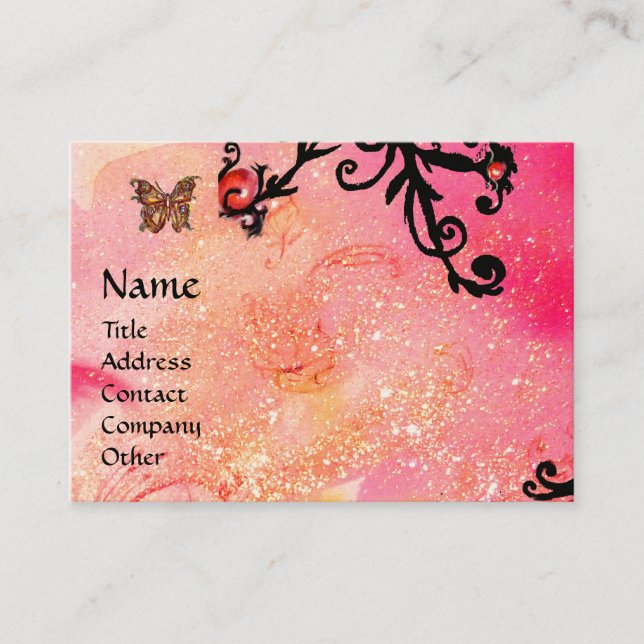 BUTTERFLY IN SPARKLES, PINK,BLACK SWIRLS MONOGRAM BUSINESS CARD (Front)