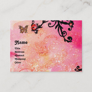 BUTTERFLY IN SPARKLES, PINK, BLACK SWIRLS MONOGRAM BUSINESS CARD