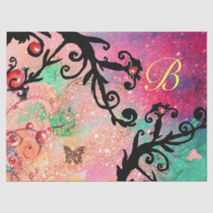 BUTTERFLY IN SPARKLES, PINK,BLACK SWIRLS MONOGRAM TISSUE PAPER