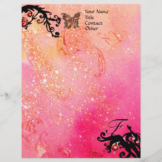 BUTTERFLY IN SPARKLES ,Pink Fuchsia Black Monogram Letterhead (Front)