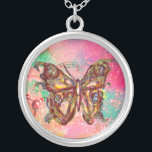 BUTTERFLY IN SPARKLES , pink  green Silver Plated Necklace<br><div class="desc">Elegant and colourful butterfly. Painting with golden and silver foil.</div>