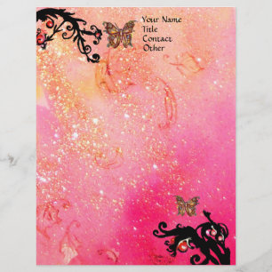 BUTTERFLY IN SPARKLES ,Pink Red Black Swirls Letterhead Design