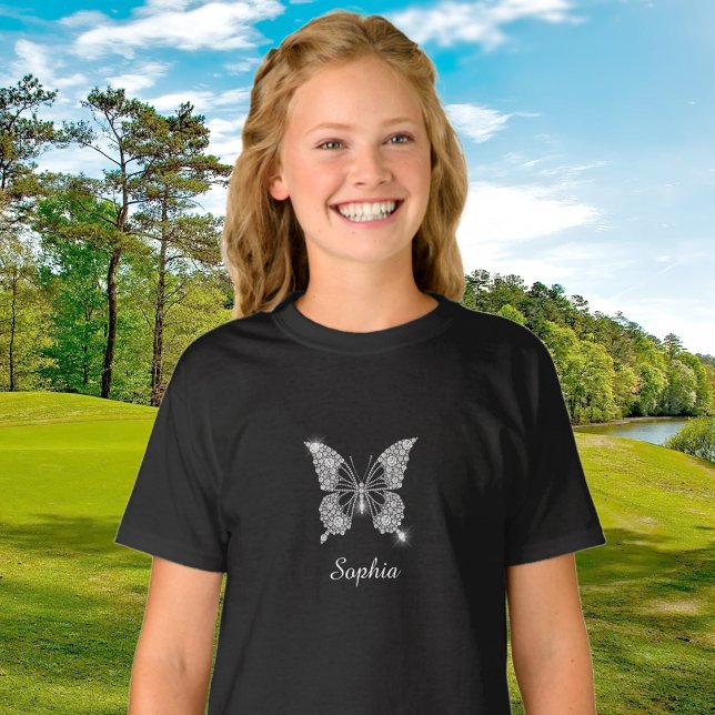 Butterfly in White Diamonds, Script Name, Black T-Shirt (Creator Uploaded)