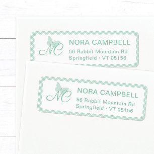 Butterfly Initials Mint Gingham Return Address