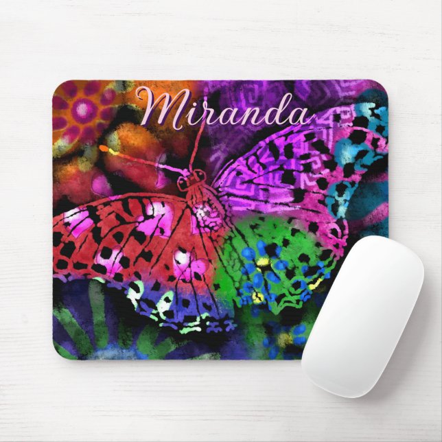 Butterfly Insect Abstract Purple Green Pink Orange Mouse Pad (With Mouse)