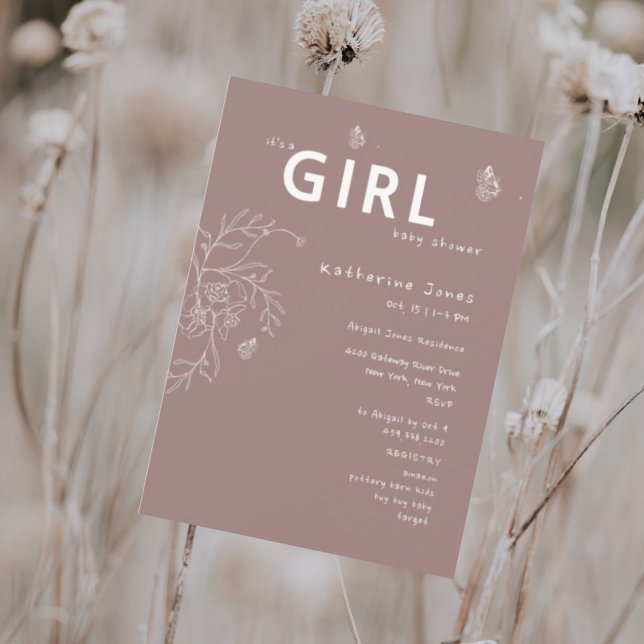 Butterfly It's a Girl Mauve Baby Shower Invitation (Creator Uploaded)
