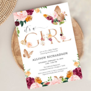 Butterfly It's a Girl rose gold pink floral baby Invitation