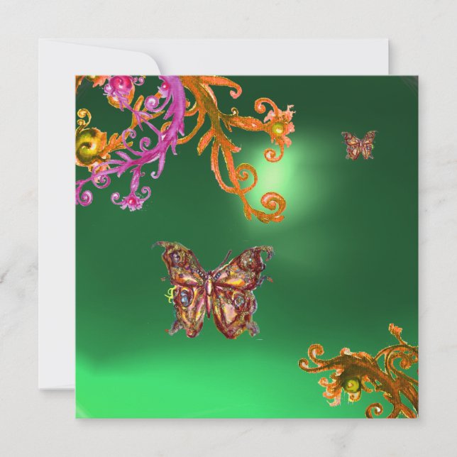 BUTTERFLY JADE GREEN, bright pink yellow brown Invitation (Front)
