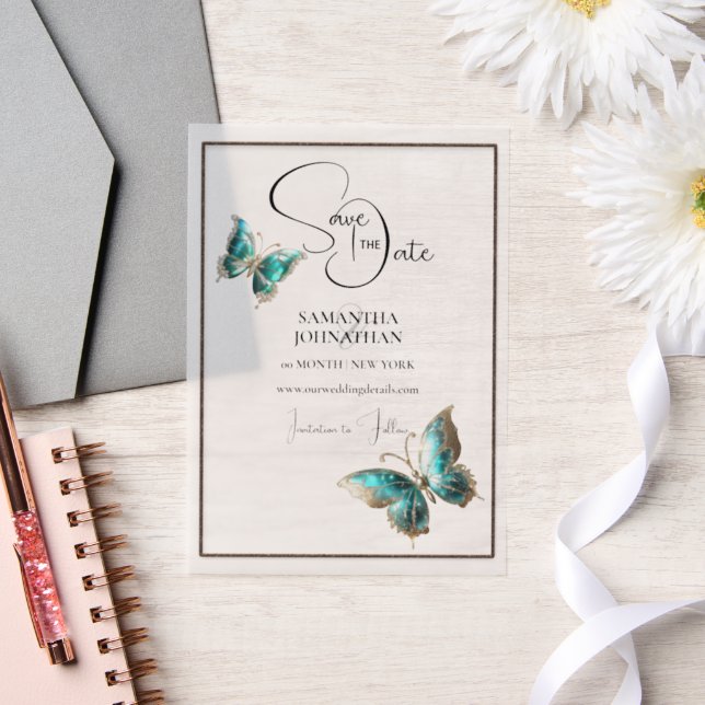 Butterfly jewel blue silver save the date vellum invitations (Wedding)