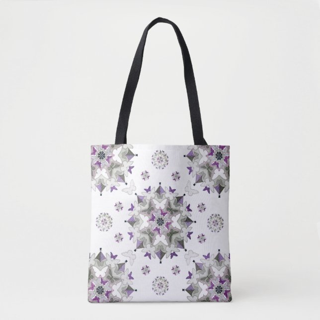 Butterfly Kaleid Print Tote Bag, Purple & Gray (Front)