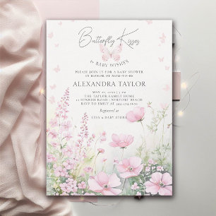 Butterfly Kiss Pink Wild Flowers Baby Girl Shower Invitation
