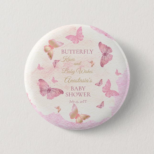 Butterfly Kisses and Baby Wishes Girl Baby Shower  6 Cm Round Badge (Front)