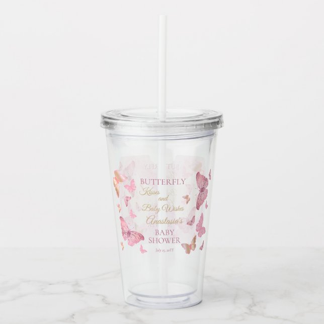 Butterfly Kisses and Baby Wishes Girl Baby Shower Acrylic Tumbler (Front)