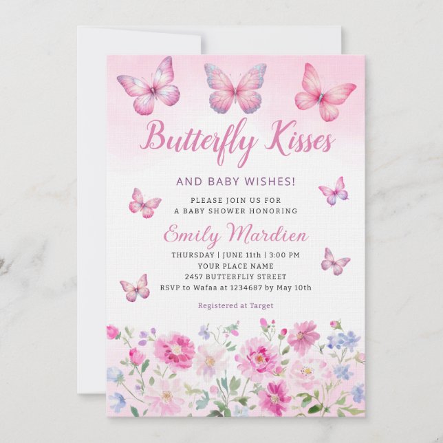 Butterfly Kisses and Baby Wishes girl Baby Shower Invitation (Front)