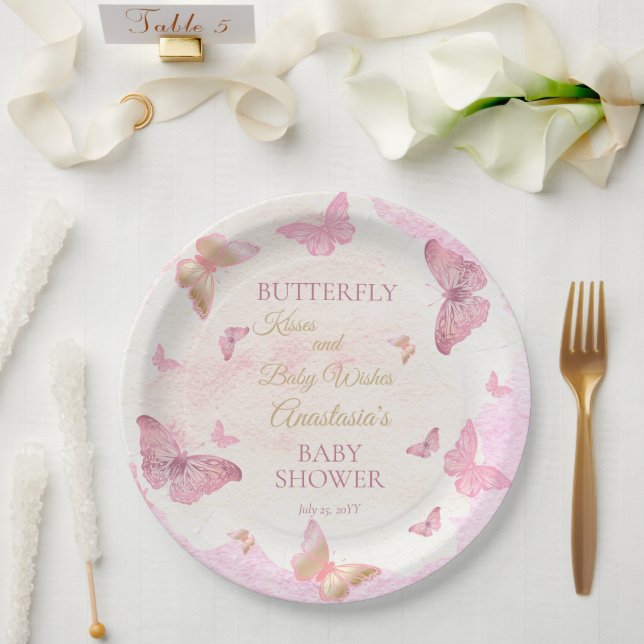 Butterfly Kisses and Baby Wishes Girl Baby Shower Paper Plate (Wedding)