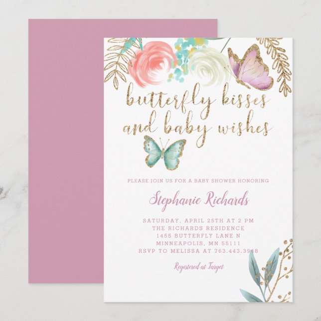 Butterfly Kisses and  Baby Wishes Pink Baby Shower Invitation (Front/Back)