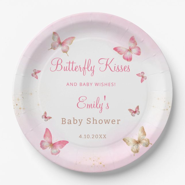 Butterfly Kisses and Baby Wishes Pink Baby Shower  Paper Plate (Front)