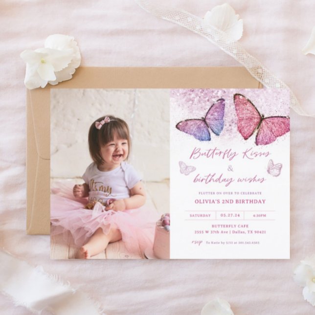 Butterfly Kisses And Birthday Wishes Party Photo Invitation (Creator Uploaded)