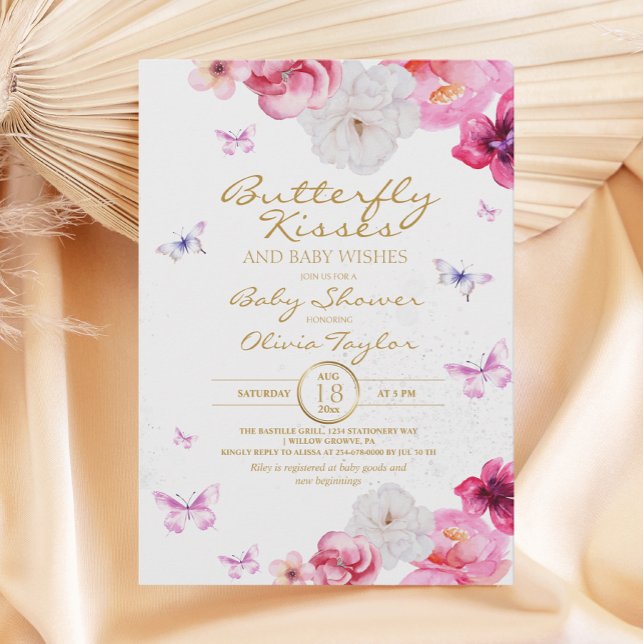  Butterfly Kisses Baby Shower Floral Pink Invitation (Creator Uploaded)