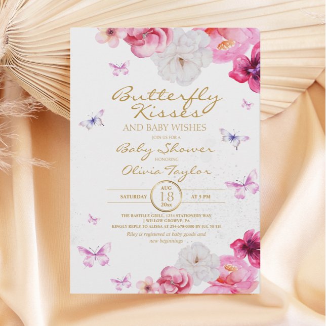  Butterfly Kisses Baby Shower Floral Pink Invitation (Creator Uploaded)