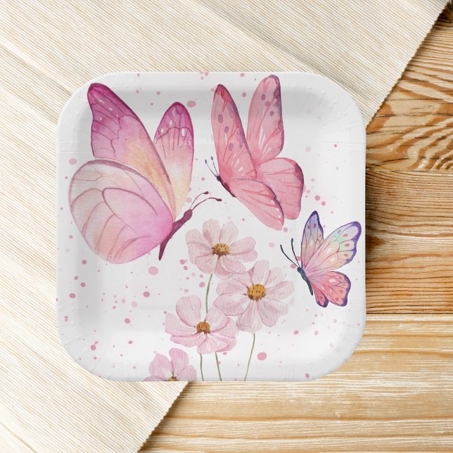 Butterfly Kisses Baby Shower | No Text | Pink Paper Plate (Creator Uploaded)