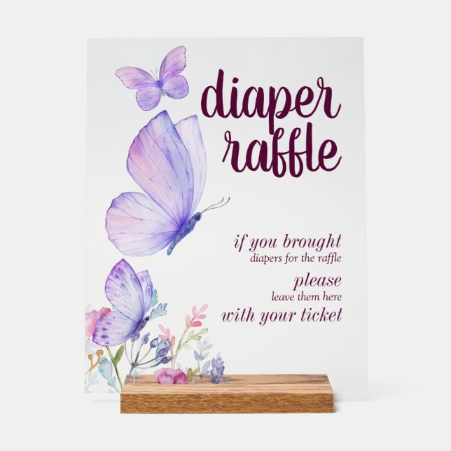 Butterfly Kisses Baby Wish | Diaper Raffle Purple Acrylic Sign (Front)