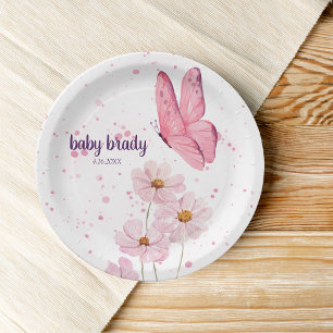 Butterfly Kisses & Baby Wishes Baby Shower   Pink Paper Plate