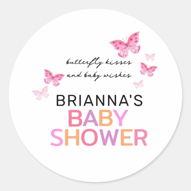 Butterfly Kisses Baby Wishes Pink Baby Shower Classic Round Sticker (Front)