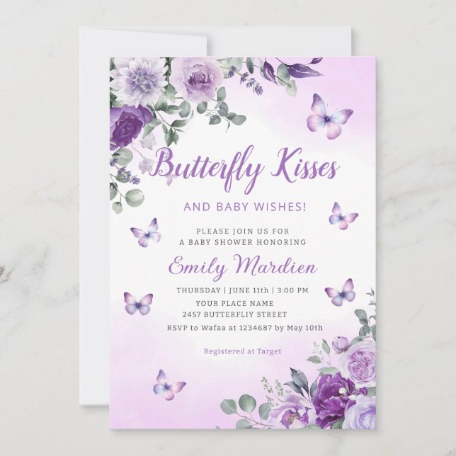 Butterfly Kisses & Baby Wishes Purple baby Shower  Invitation (Front)