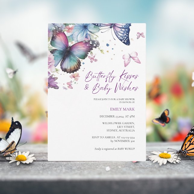 Butterfly kisses & Baby Wishes Purple baby shower  Invitation (Creator Uploaded)