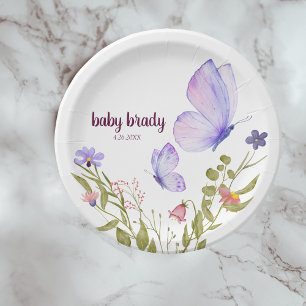 Butterfly Kisses & Baby Wishes   Purple Party Paper Plate