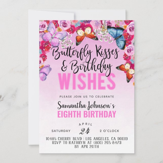 Butterfly Kisses Birthday Invitation (Front)