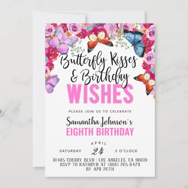 Butterfly Kisses Birthday Invitation (Front)