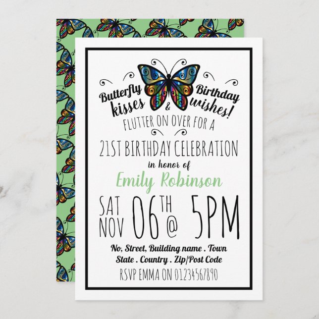Butterfly Kisses Birthday Party Invitation (Front/Back)