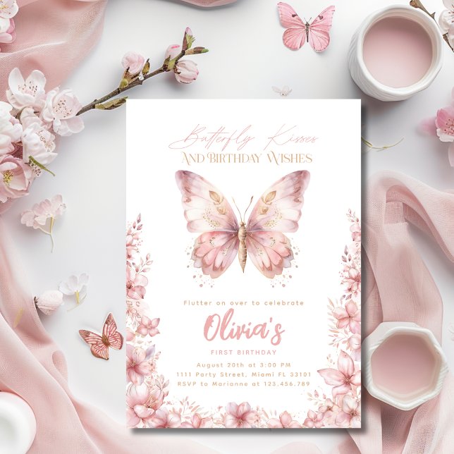 Butterfly Kisses Birthday Pink Butterfly Party Invitation (Butterfly Kisses Birthday Pink Butterfly Party Invitation)