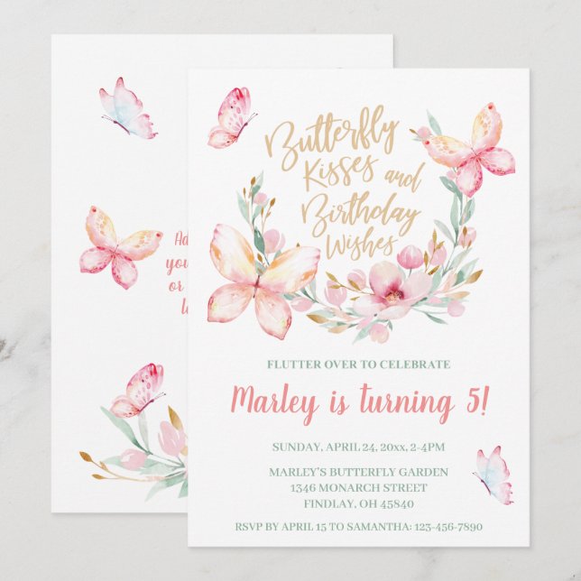 Butterfly Kisses & Birthday Wishes, Any Age Party Invitation (Front/Back)