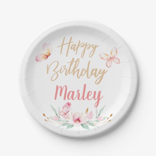 Butterfly Kisses & Birthday Wishes, Any Age Party Paper Plate (Front)