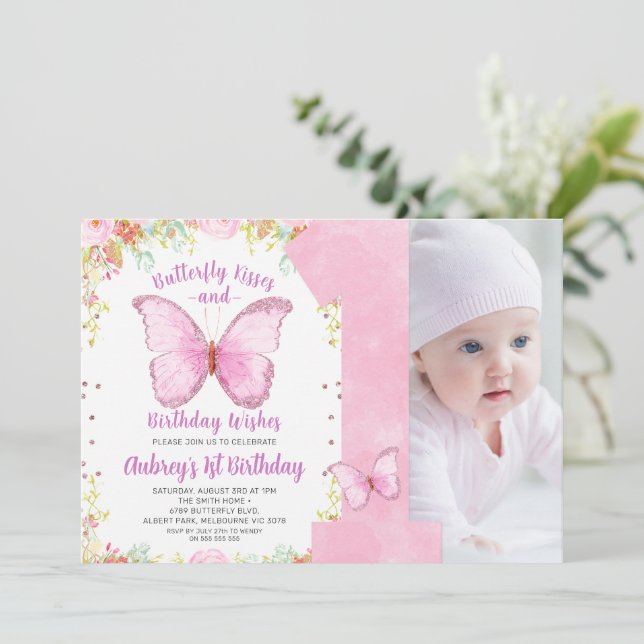 Butterfly Kisses Birthday Wishes Photo Birthday Invitation (Standing Front)