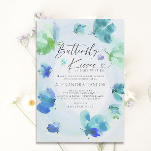Butterfly Kisses Blue Watercolor Baby Boy Shower Invitation