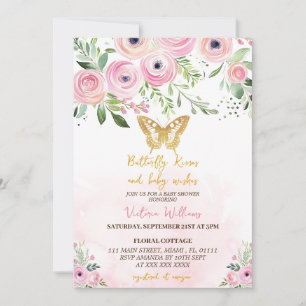 Butterfly Kisses Botanical Pink Gold Baby Shower Invitation