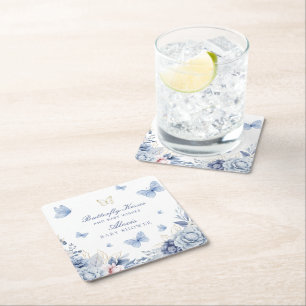 Butterfly Kisses Boy Baby Shower Square Paper Coaster