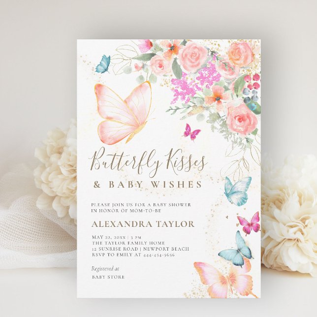 Butterfly Kisses Bright Floral Baby Girl Shower Invitation (butterflies baby shower invitation butterfly kisses blush orange teal gold floral elegant garden)