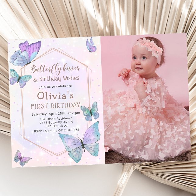 Butterfly Kisses Butterfly Girls Birthday Photo Invitation (Creator Uploaded)