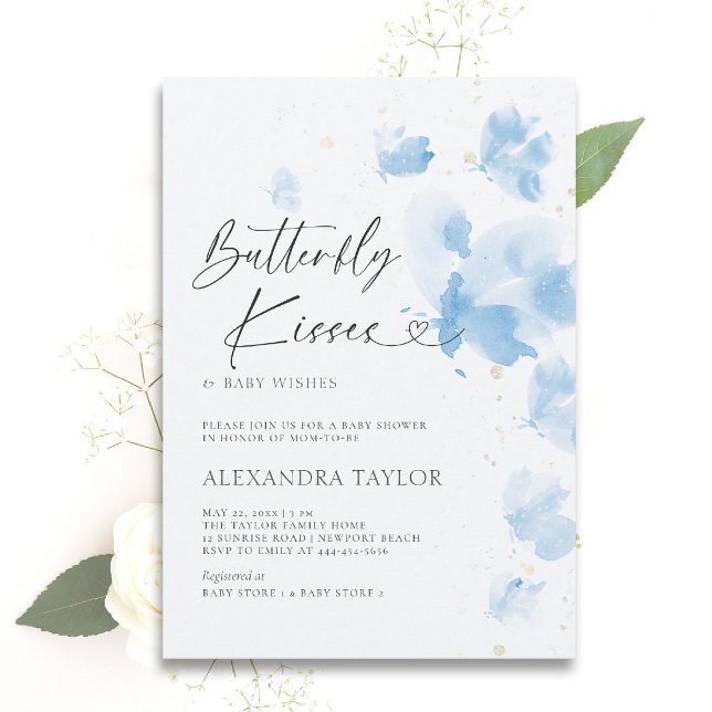 Butterfly Kisses Dreamy Watercolor Baby Boy Shower Invitation (butterfly baby shower theme boy invitation watercolor whimsical dreamy blue garden party )
