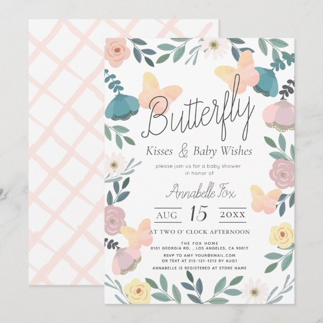 Butterfly Kisses Floral Garden Pink Baby Shower Invitation (Front/Back)